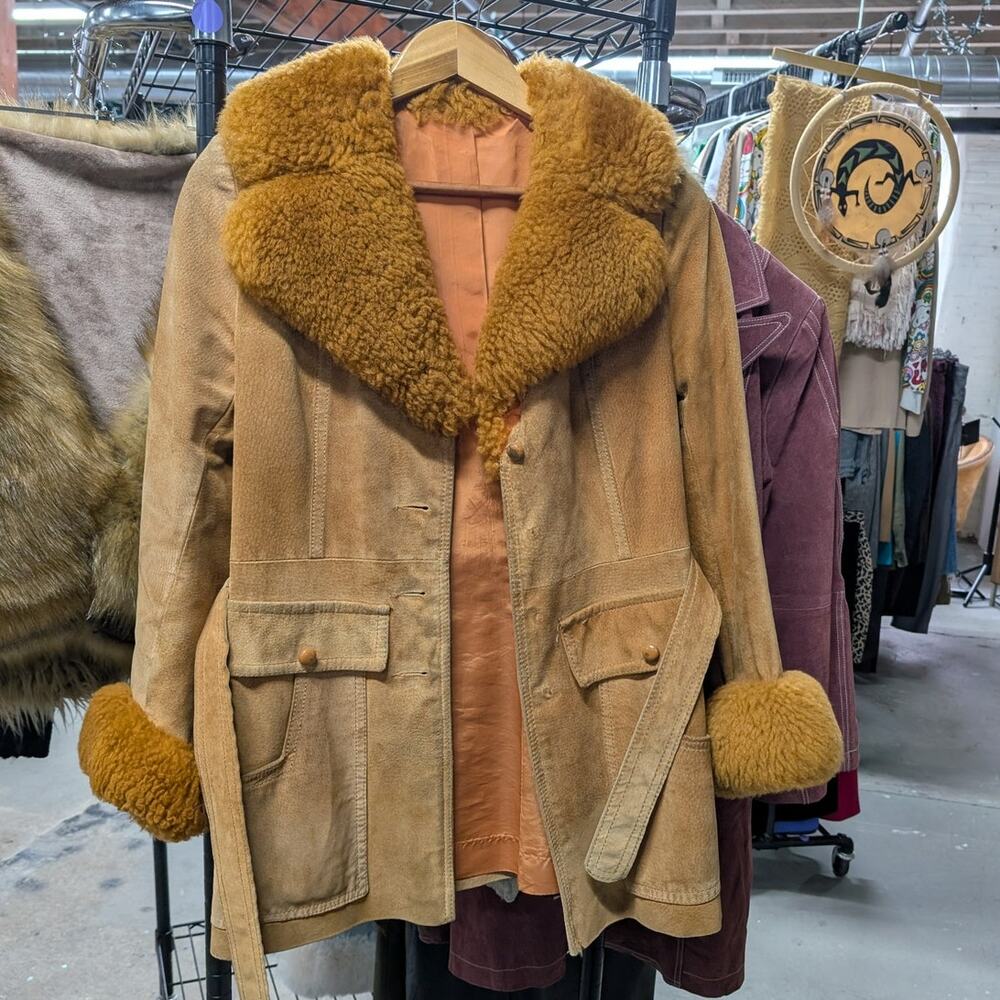 Vintage Leather Penny Lane Jacket Faux Fur Furry 70s Afghan Tapestry Trench Coat - Picture 14 of 16